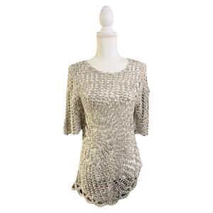 Joseph Ribkoff Womens Size S Open Crochet Stitch Top Floral Asymmetric Tan NEW